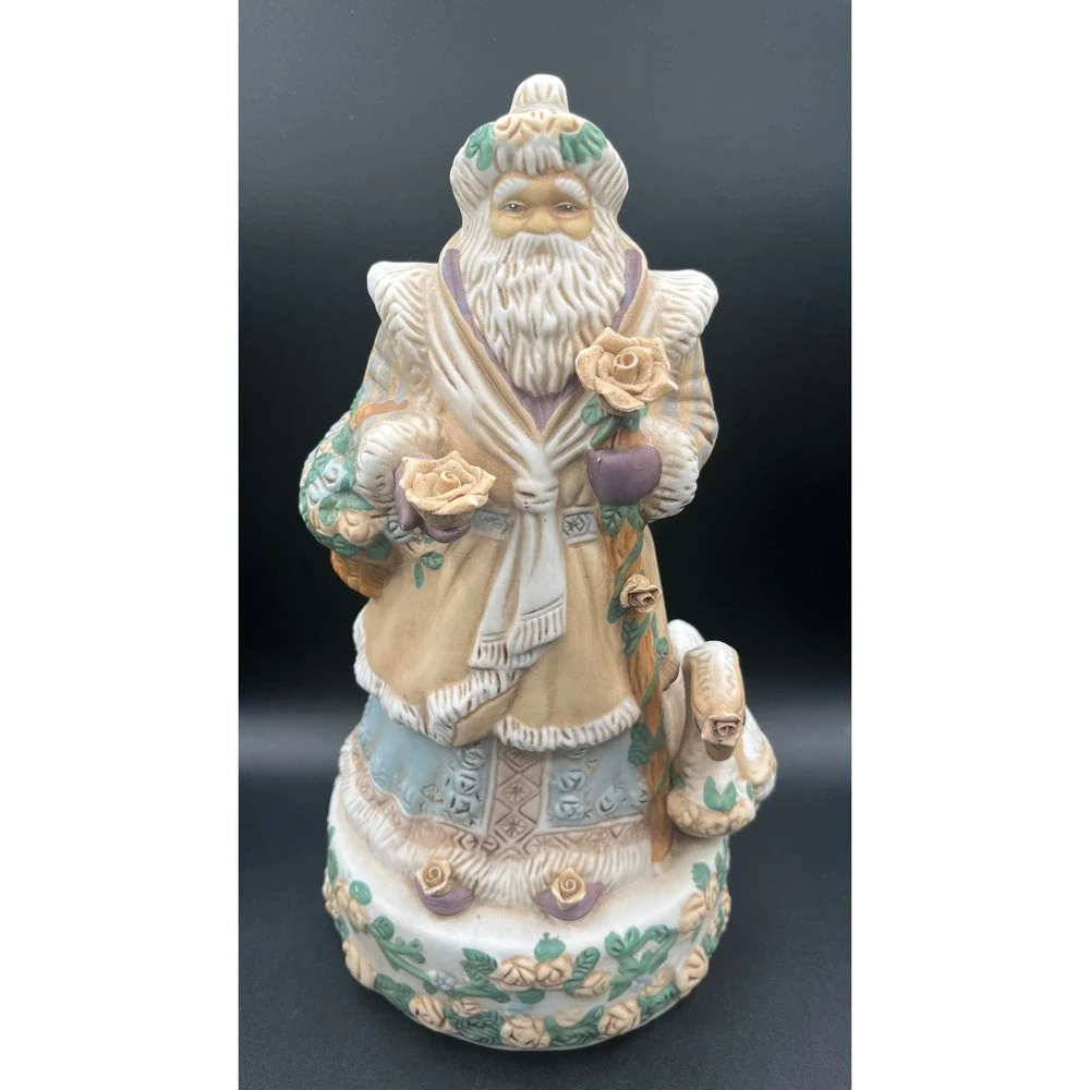 Vtg Victorian Santa Claus Musical Figurine Swan Roses 10.5